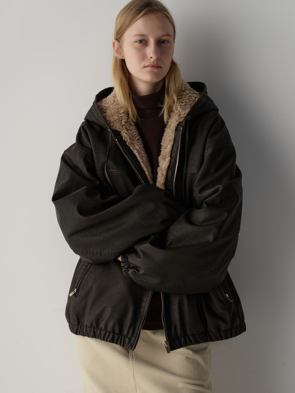 Facade Pattern Leather Fur Zip-Up Hoodie dark brown