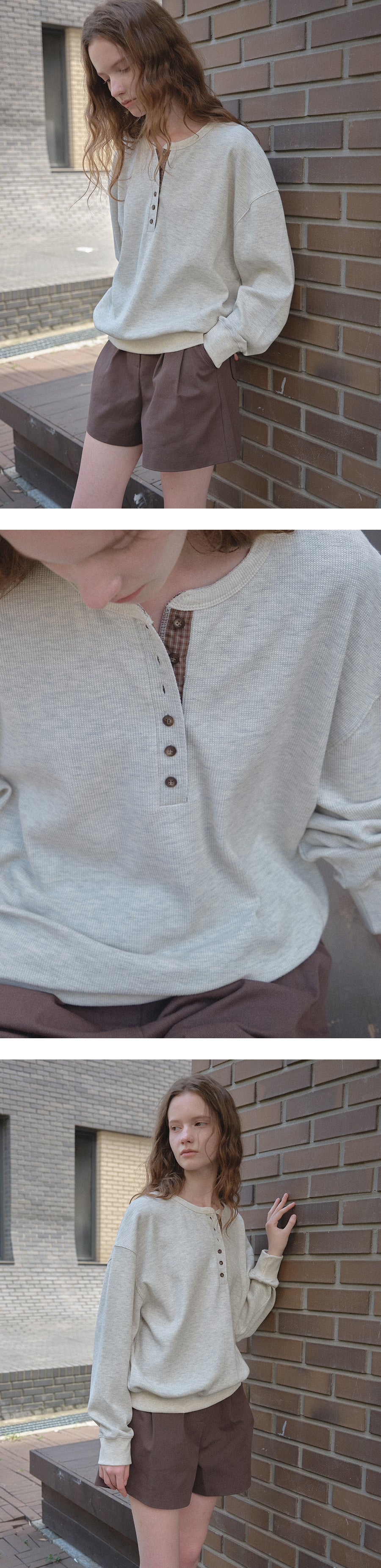 Tillidie Waffle check henley sweatshirt Oatmeal