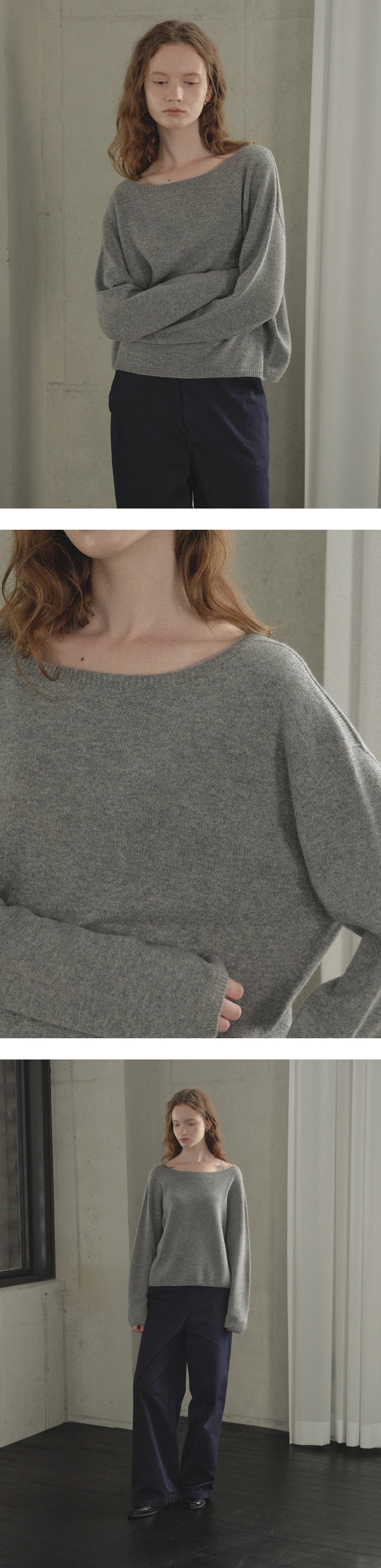 Tillidie Cashmere fine wool boat neck knit Gray