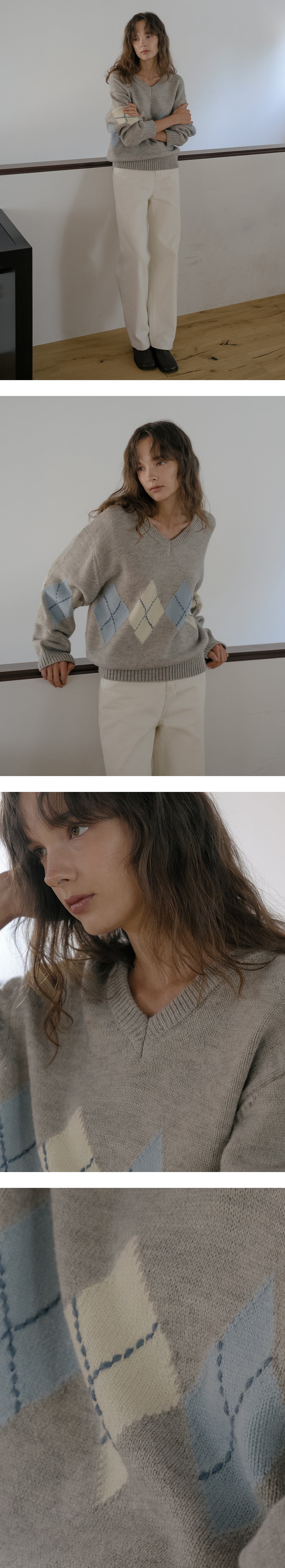 Tillidie Wool blended argyle v-neck knit Light gray