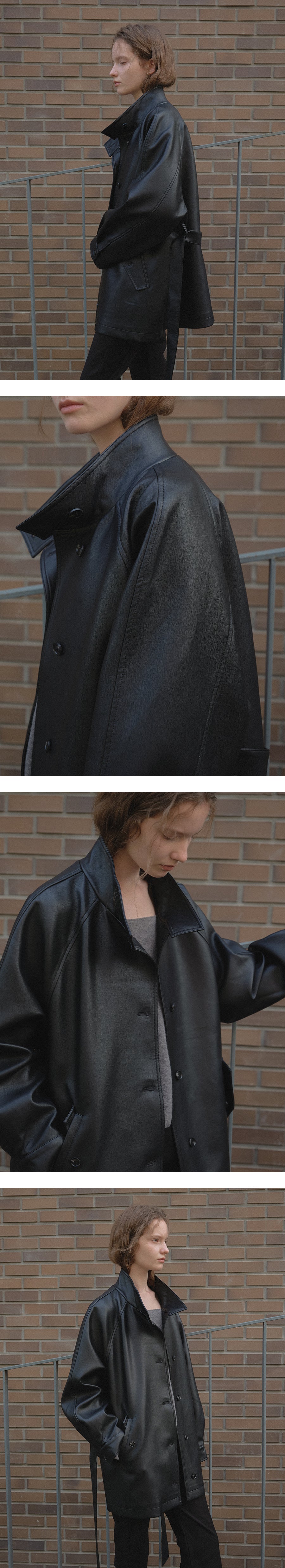 Tillidie High neck belted leather jacket Black