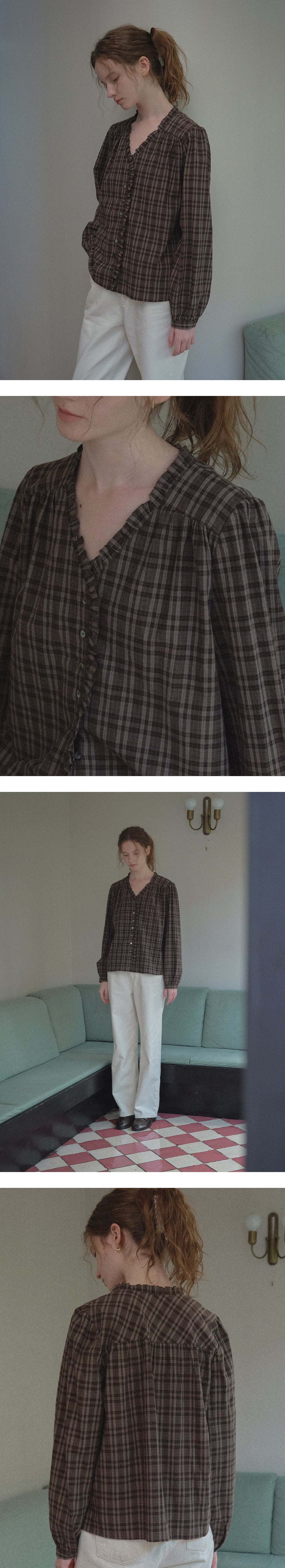 Tillidie Embroidered check blouse Beige