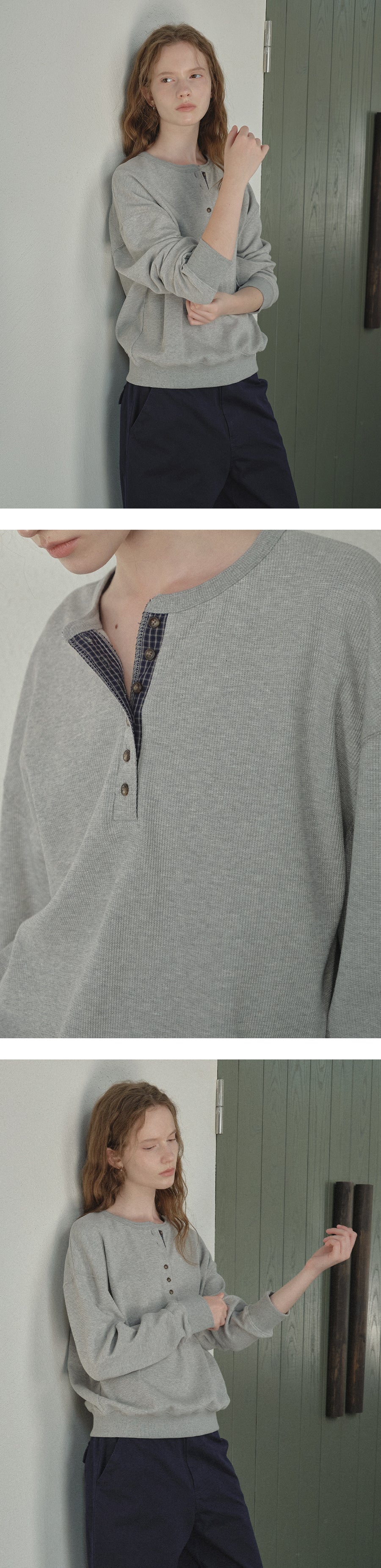 Tillidie Waffle check henley sweatshirt Melange
