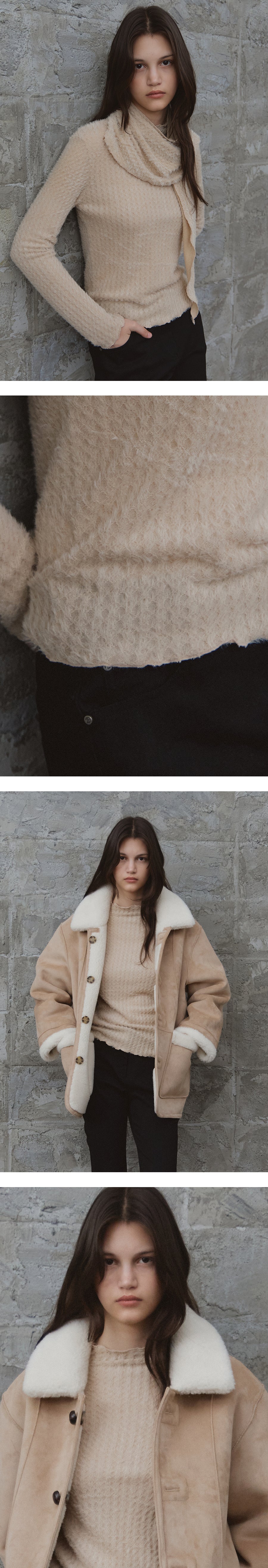 Tillidie Hairy mockneck scarf tee Beige