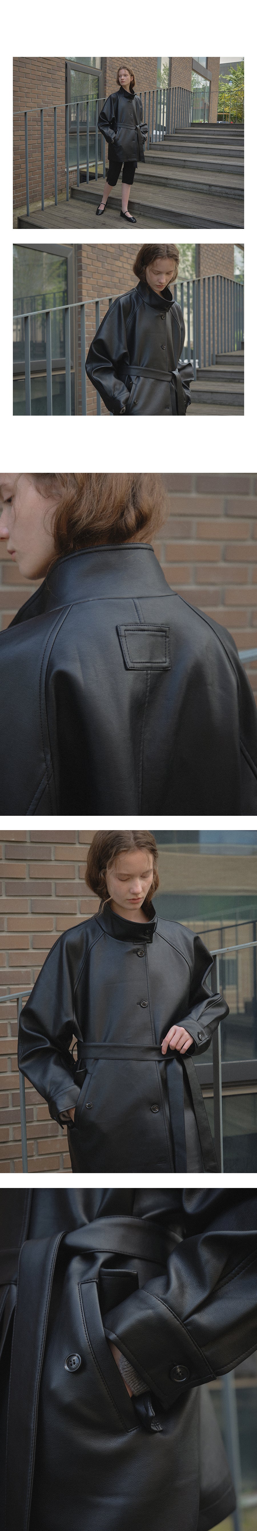 Tillidie High neck belted leather jacket Black