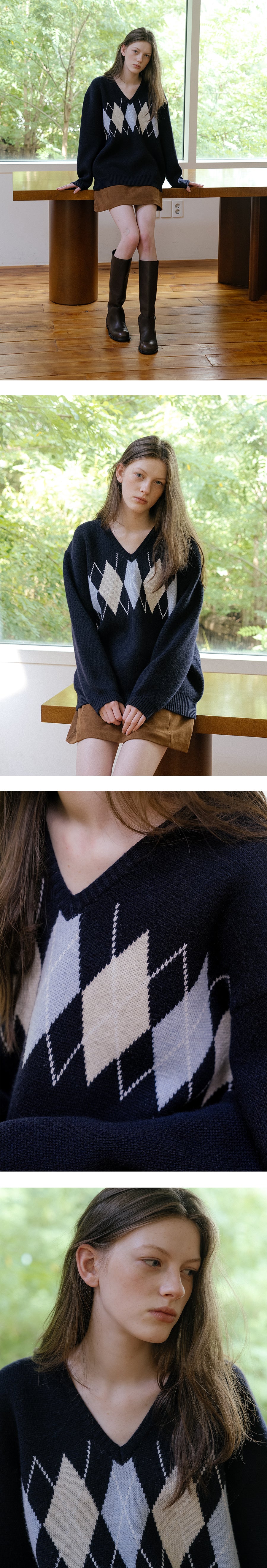 Tillidie Merino argyle loose knit Navy