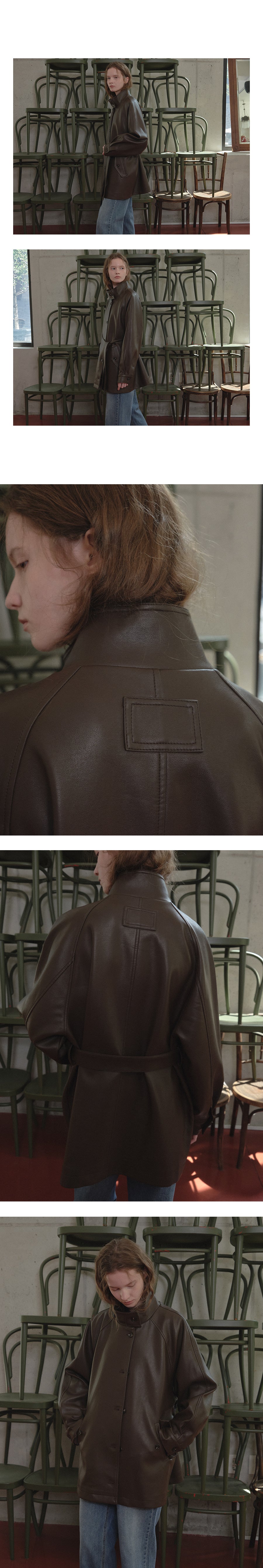 Tillidie High neck belted leather jacket Brown