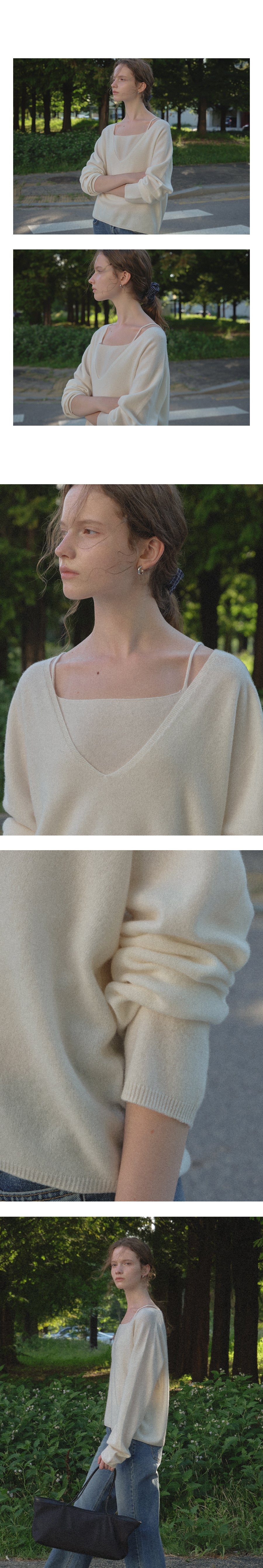 Tillidie Wool cashmere V neck knit set Ivory