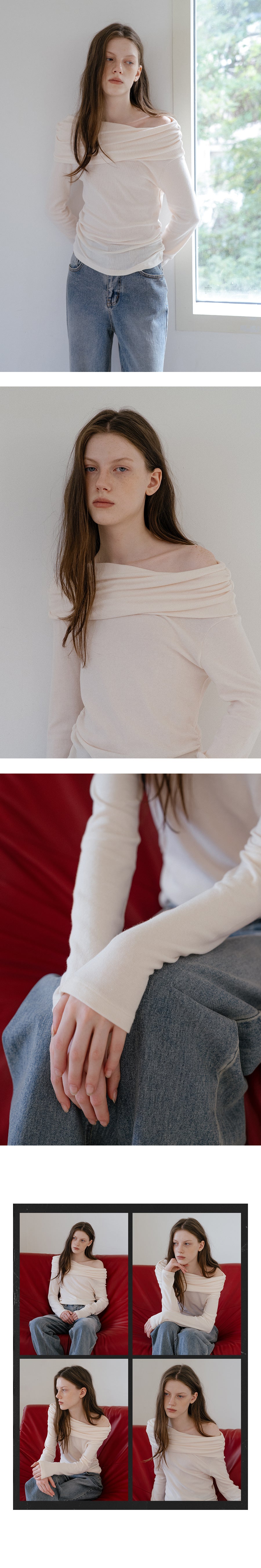 Tillidie Rib shirred off shoulder tee Ivory