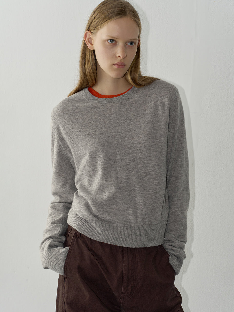 Facade Pattern Merino Wool Round Neck Knitwear melange grey