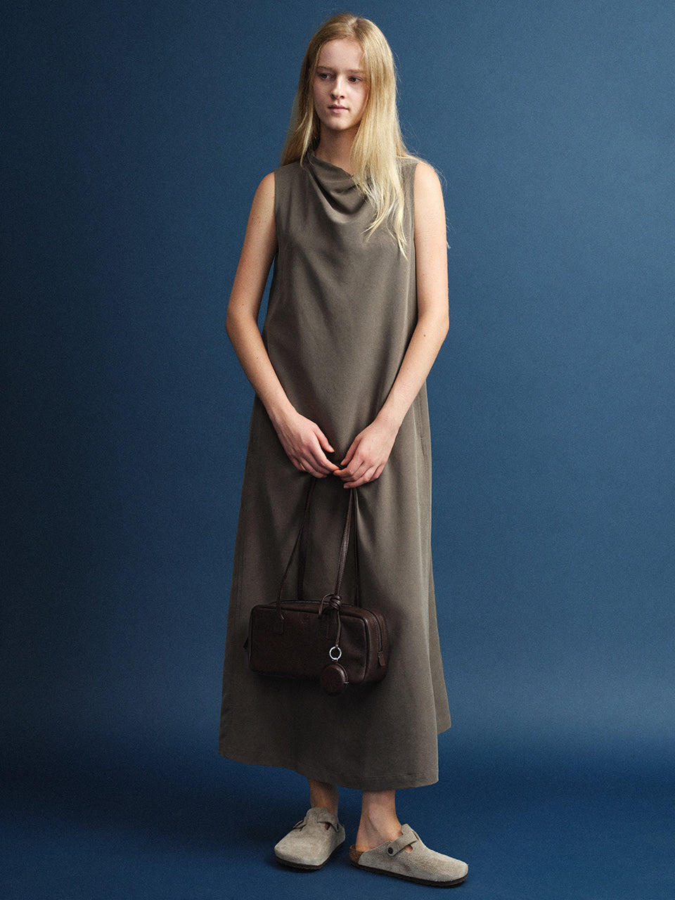 Facade Pattern Minimal Maxi Dress khaki grey
