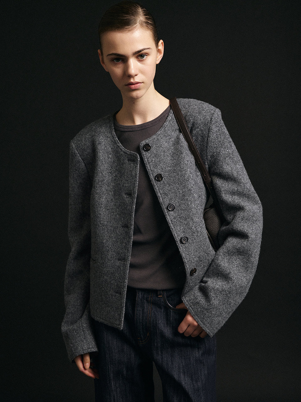 Facade Pattern Minimal Round Neck Jacket grey