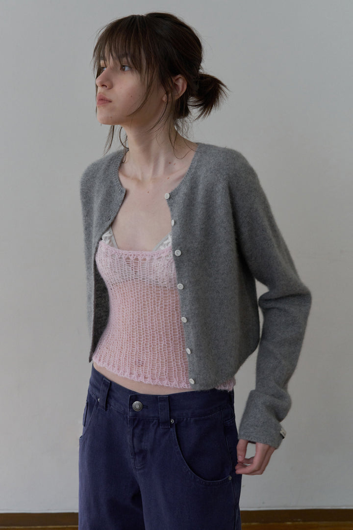 Overdueflair Raccoon Semi-Crop Cardigan Melange Grey