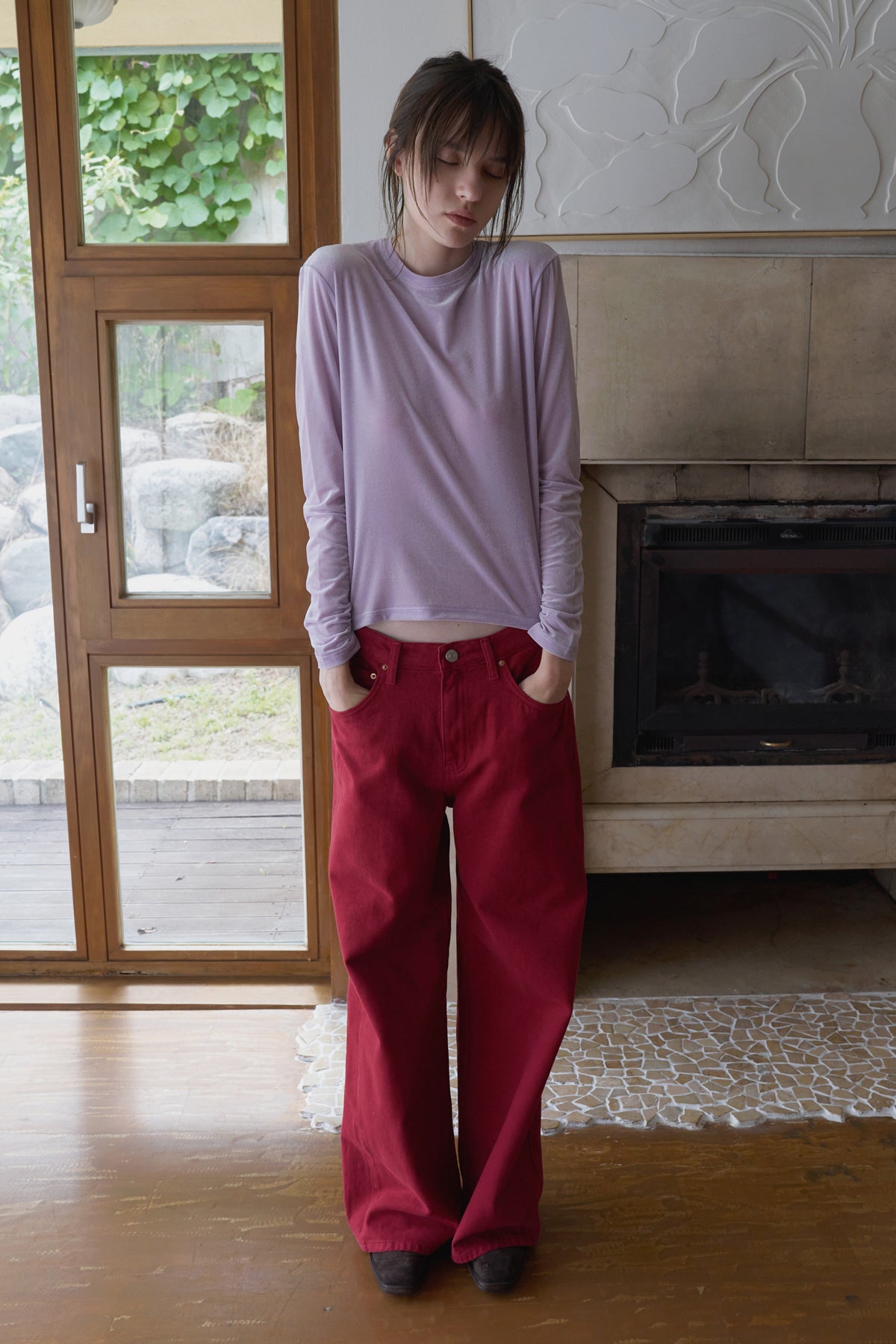 Overdueflair Cotton Wide Denim Pants Red Dahlia