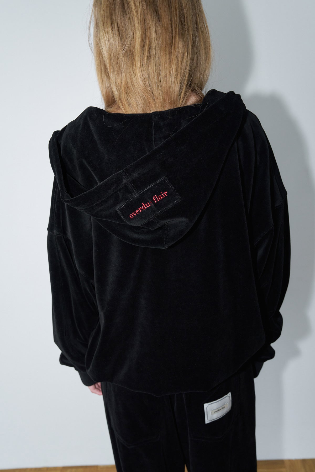 Overdueflair Velvet Textured Zip-Up Hoodie Black