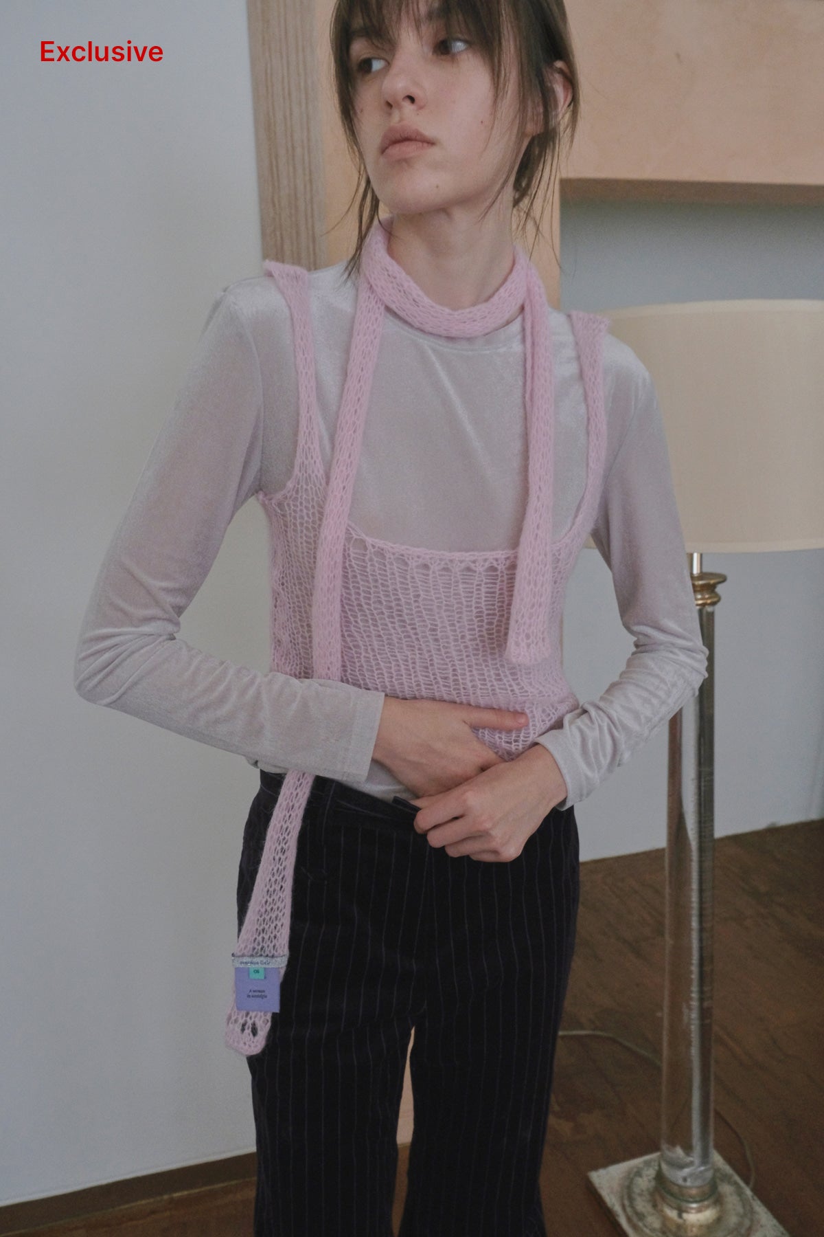 Overdueflair Hairy Sheer Knit Top With Scarf Acid Pink