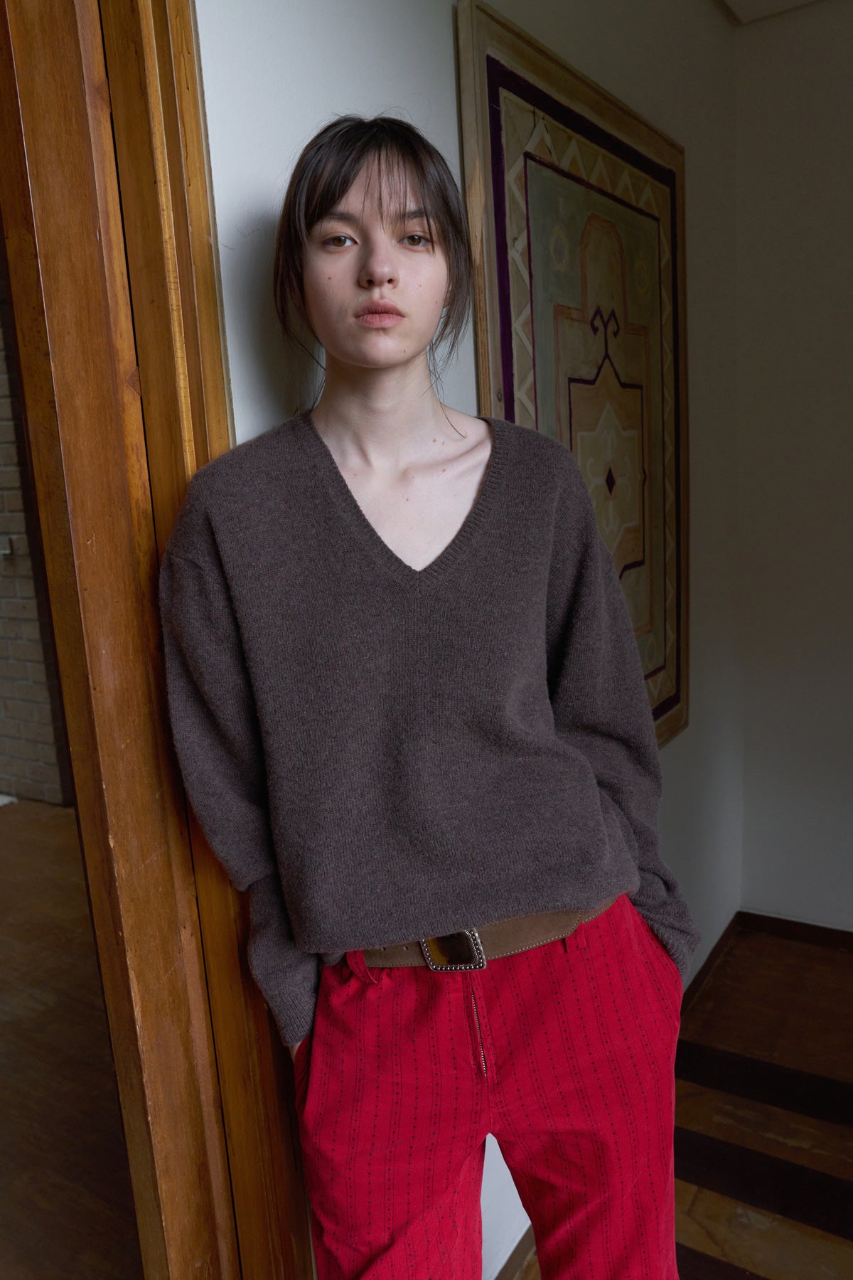 Overdueflair Relaxed Fit V-Neck Knit Brown