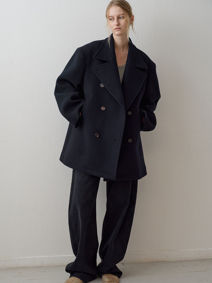 Facade Pattern Oversized Cashmere Pea Coat navy