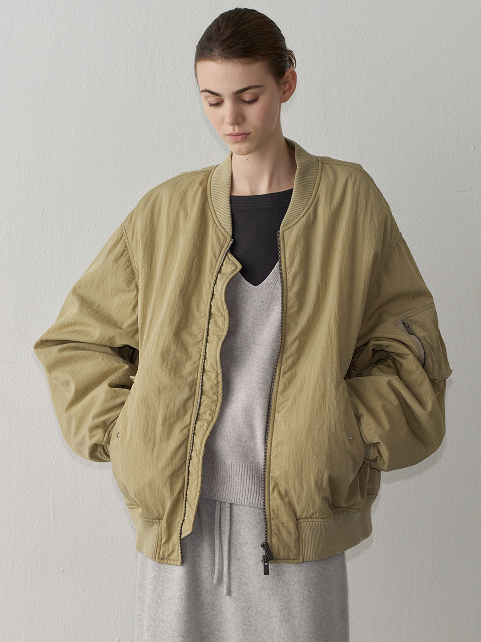 Facade Pattern Oversized Bomber Jacket khaki beige