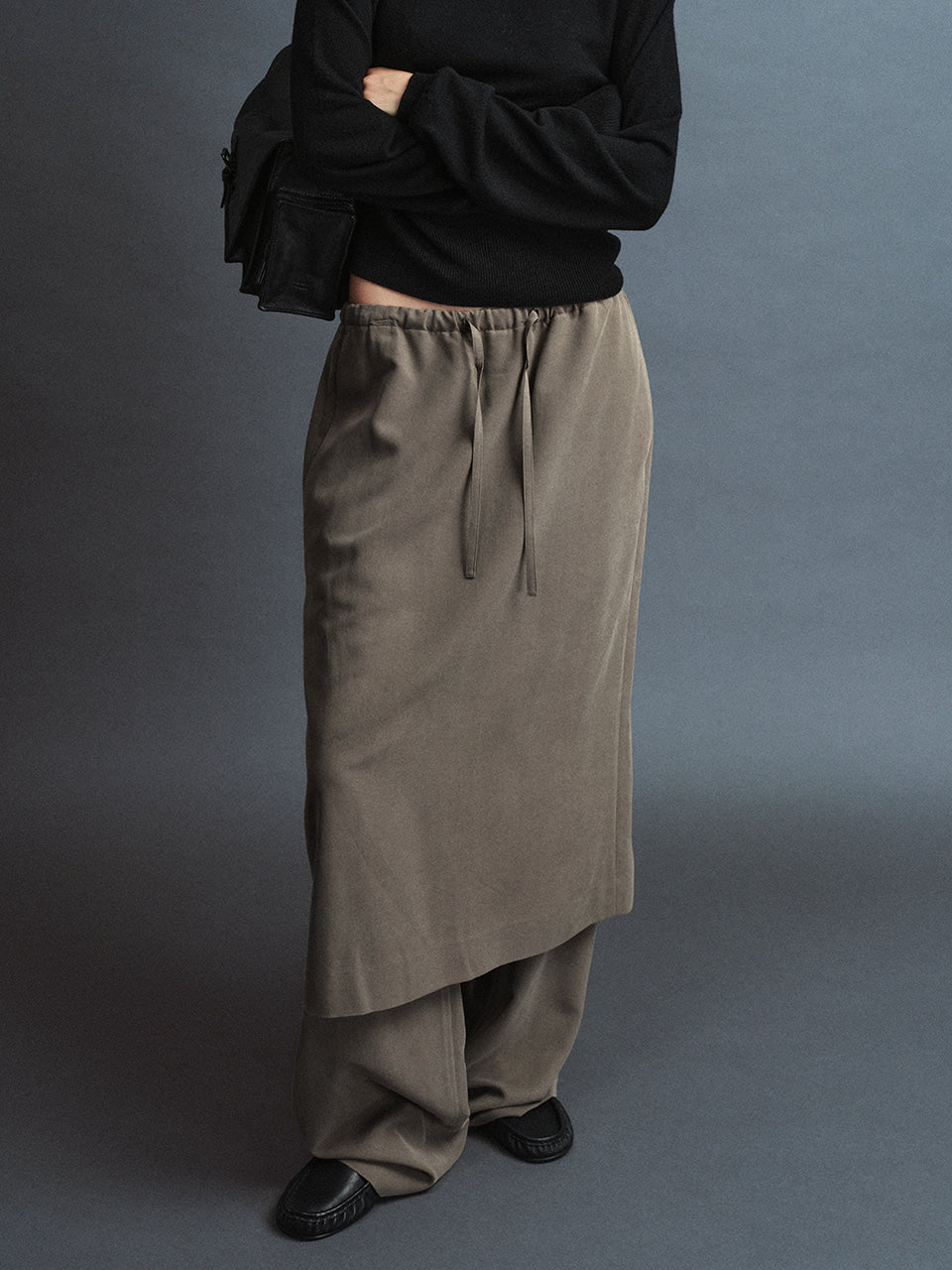 Facade Pattern Skirt Banding Pants khaki grey