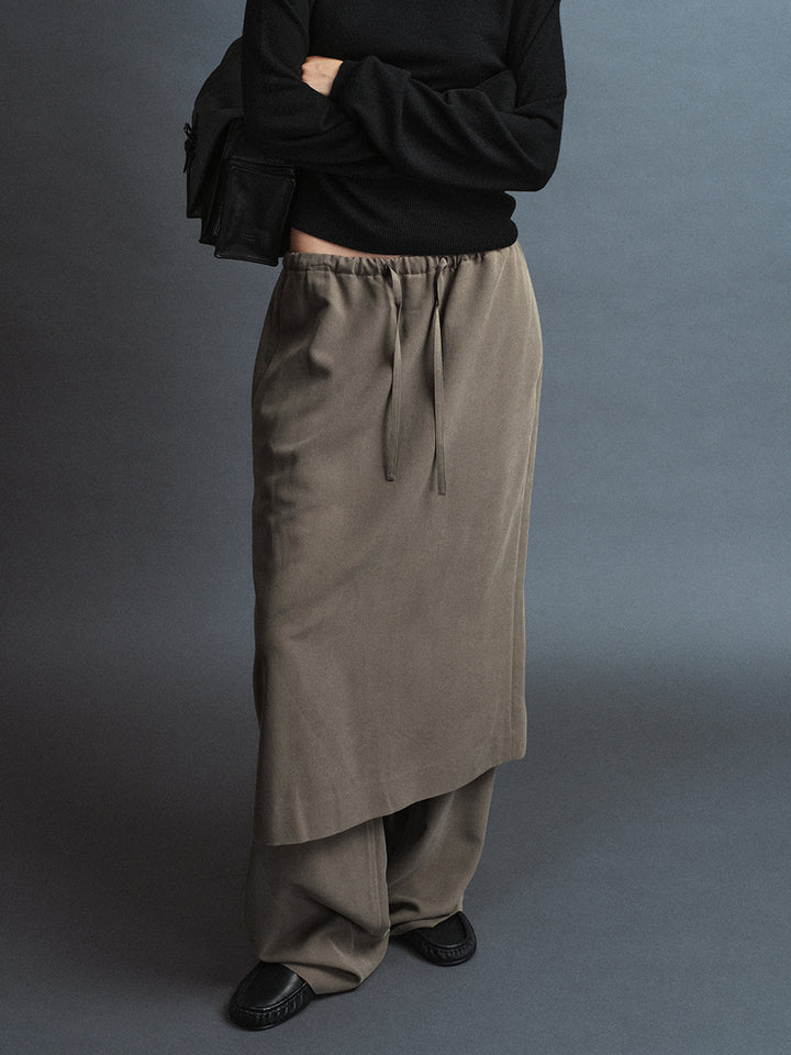 Facade Pattern Skirt Banding Pants khaki grey
