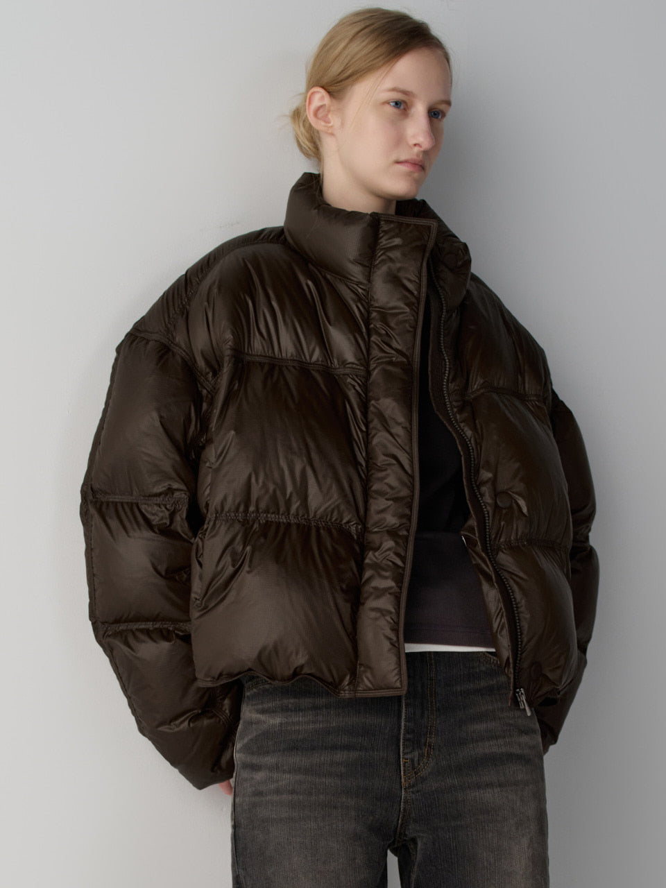 Facade Pattern Stitch Goose Down Crop Padded Jacket brown