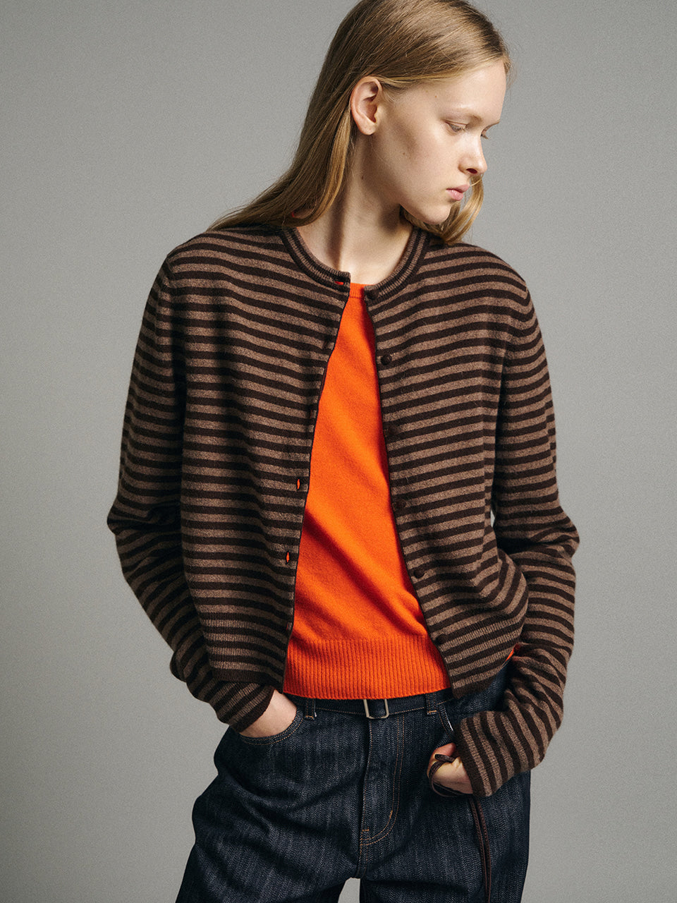 Facade Pattern Striped Minimal Cardigan brown
