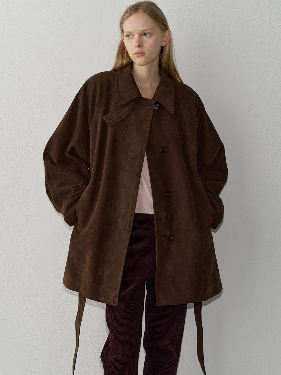 Facade Pattern Suede Belted Half Coat brown