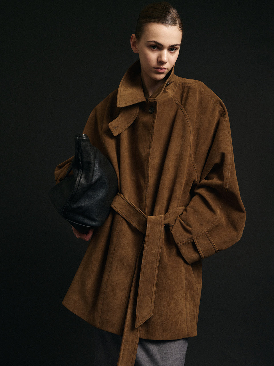 Facade Pattern Suede Belted Half Coat camel