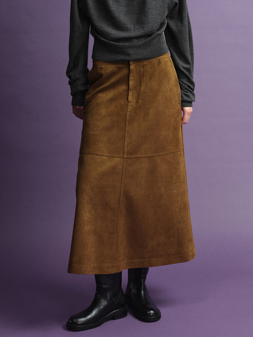 Facade Pattern Suede Flare Skirt camel