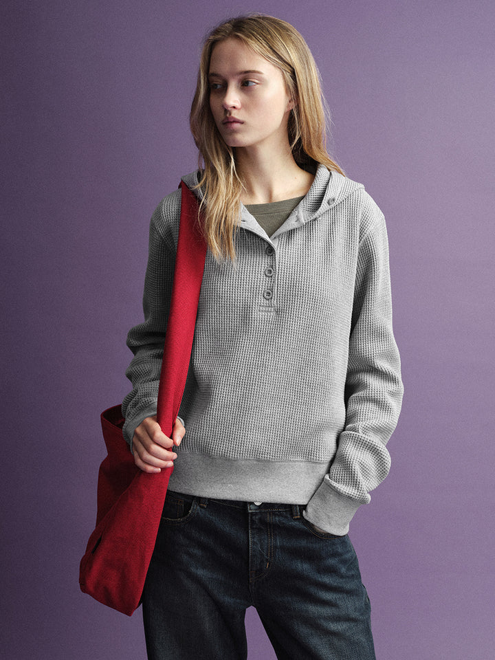 Facade Pattern Textured Hooded Sweatshirt