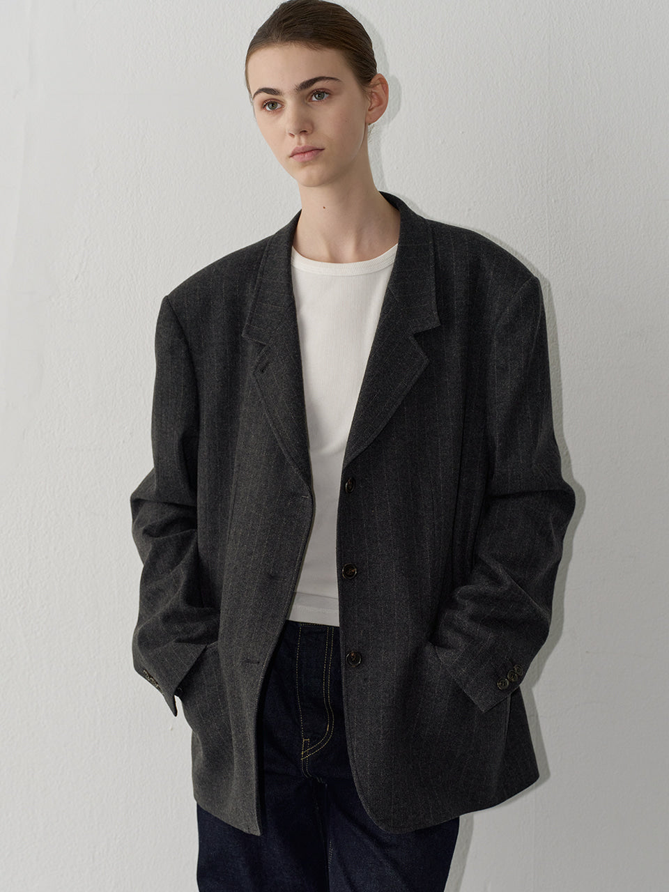 Facade Pattern Timeless 3-Button Jacket charcoal stripe