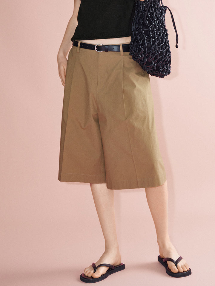 Facade Pattern Vintage Cotton Wide Bermuda Pants almond beige