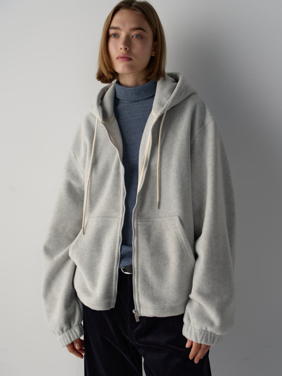 Facade Pattern Wool Fleece Zip-Up Hoodie melange grey