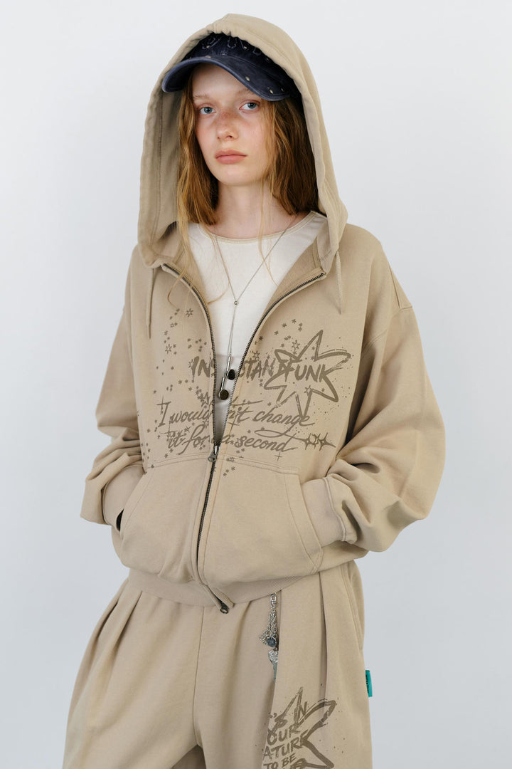 Instantfunk Washed Graphic Zip Up Hoodie - Beige