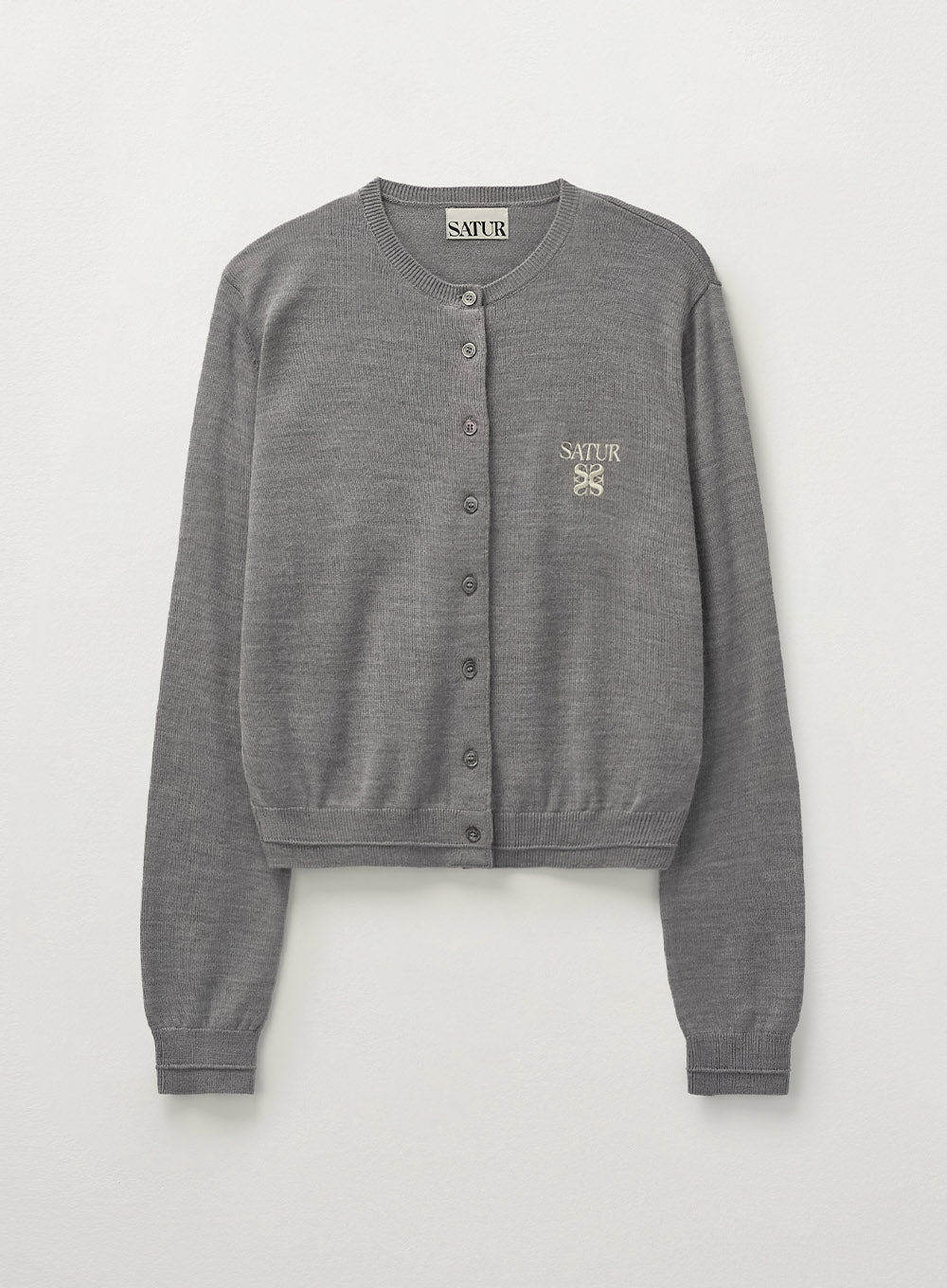 [satur] (W) Loren Basic Crew Neck Fine Cardigan - Melange Gray