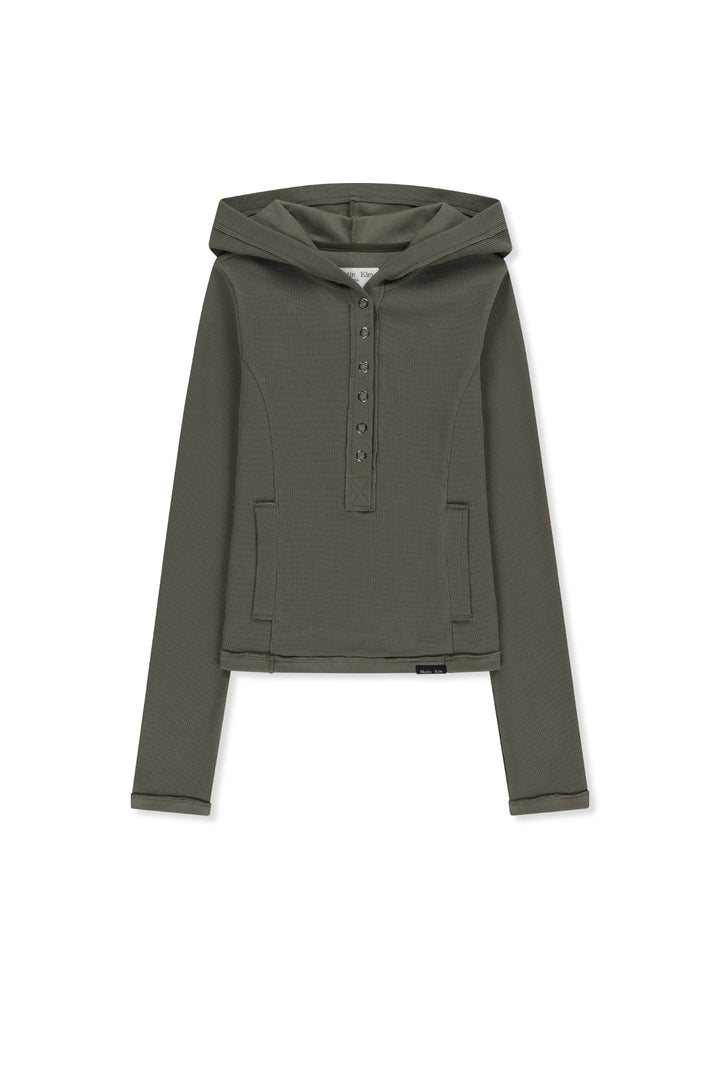 Matinkim Waffle Henley Neck Hood Top IN Khaki