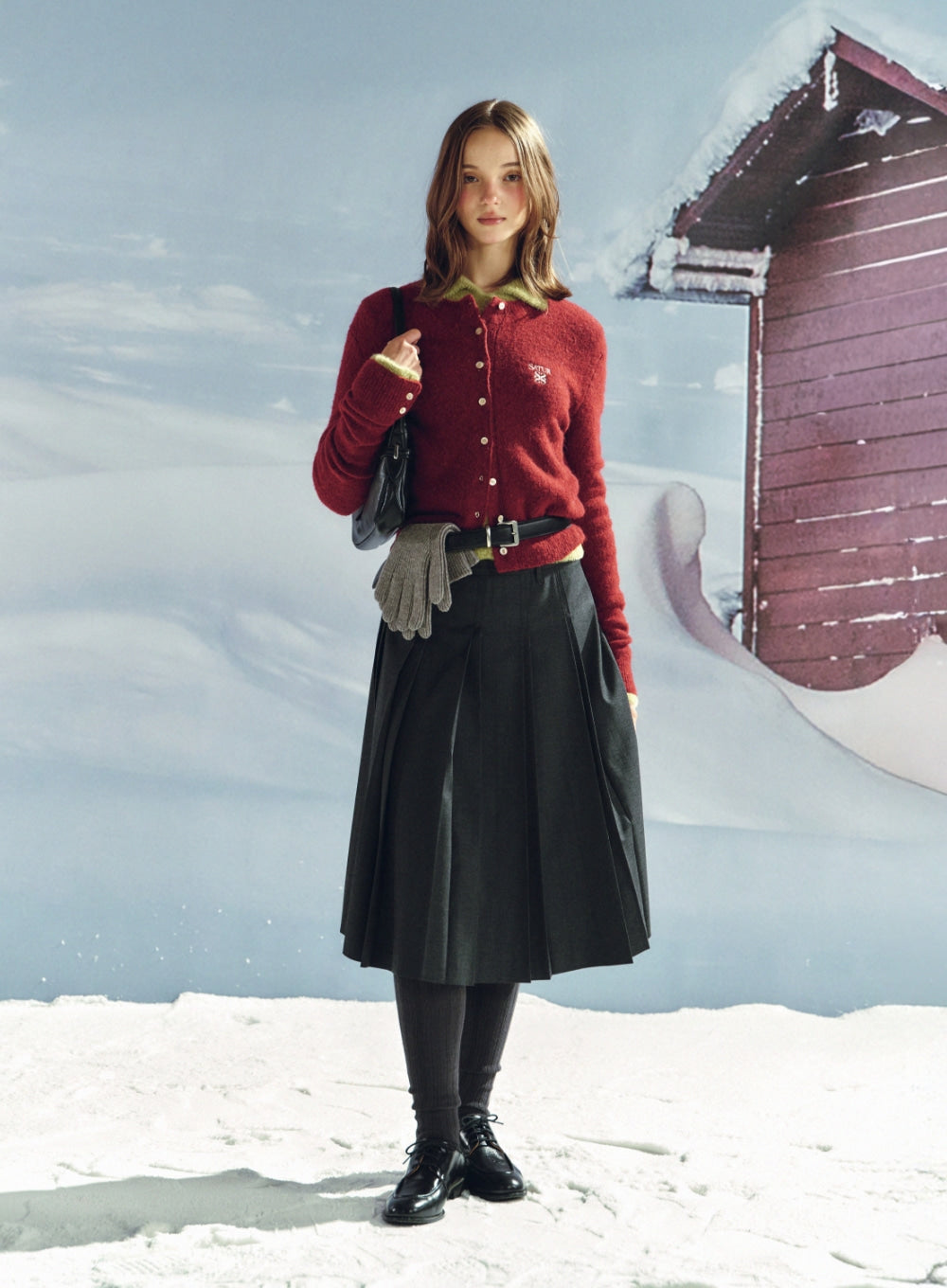 [satur] (W) Button Pleats Midi Skirt - Charcoal