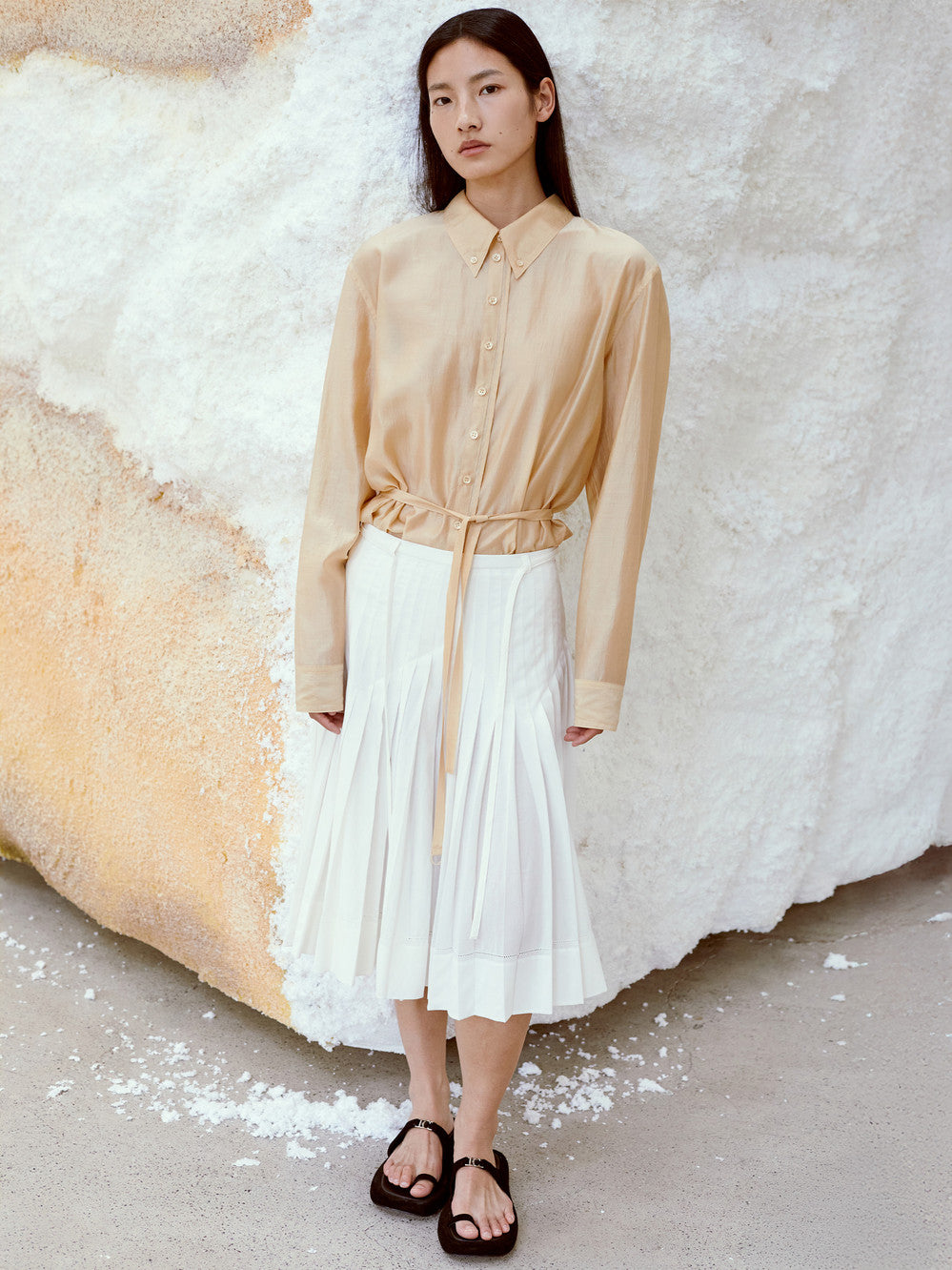 [Low Classic] Pleated Midi Skirt_White