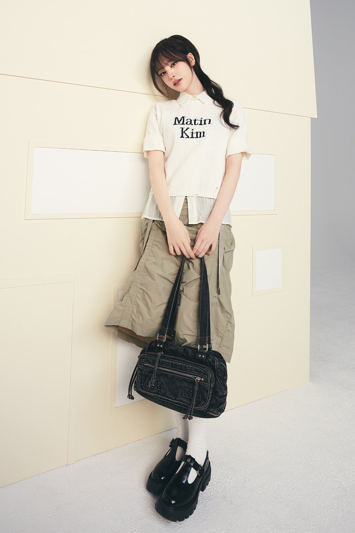 Matinkim Nylon Shirring Midi Skirt IN Light Khaki