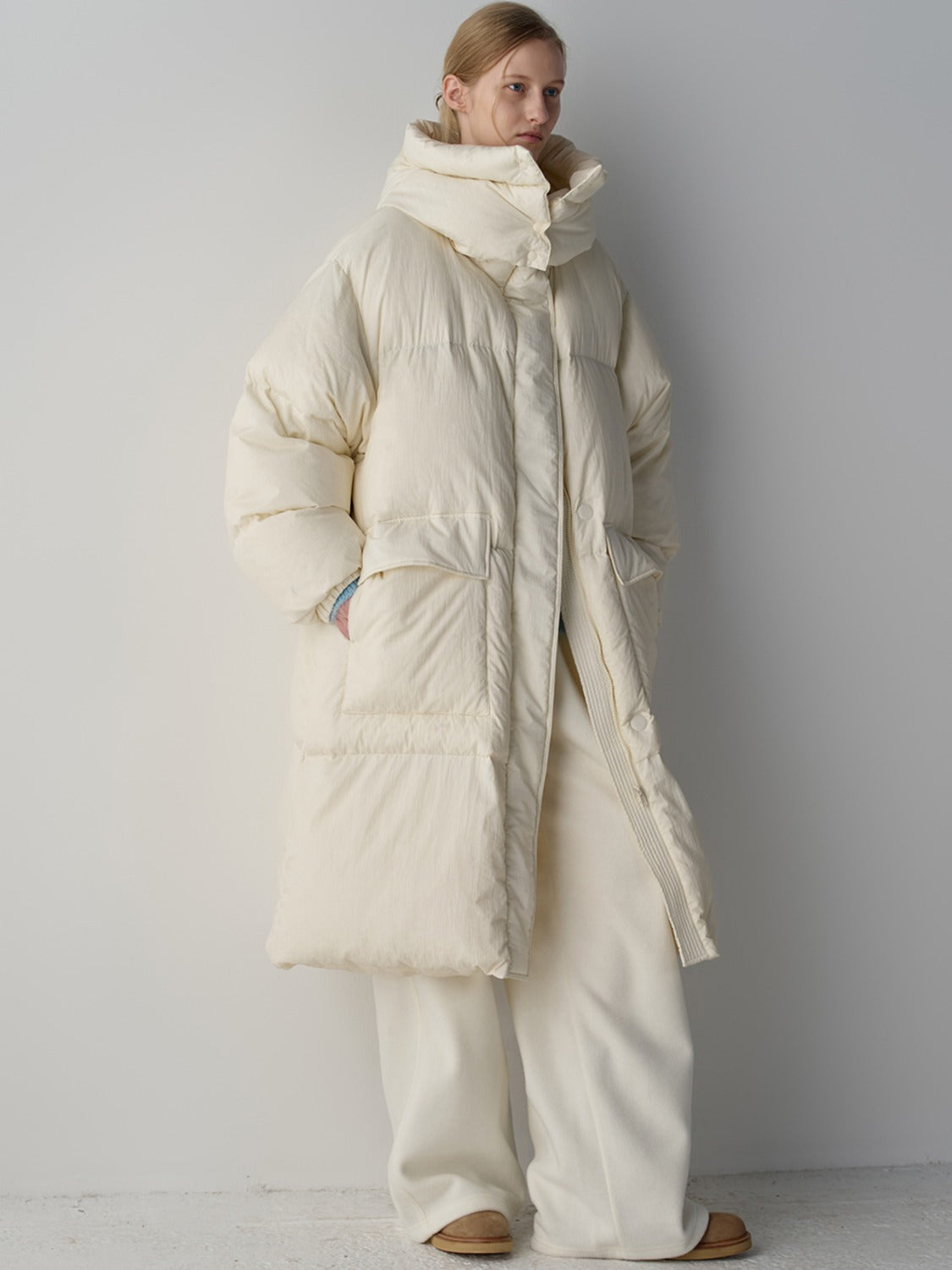 Facade Pattern Goose Down Long Padded Coat ivory