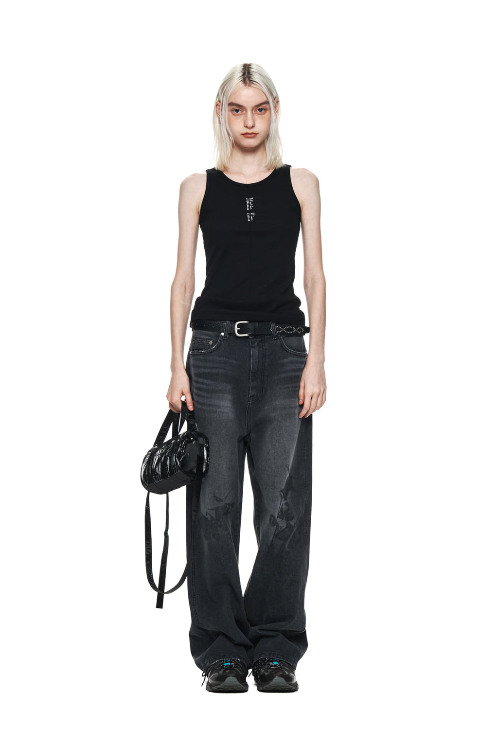 Matinkim Flower Printed Denim Pants IN Charcoal