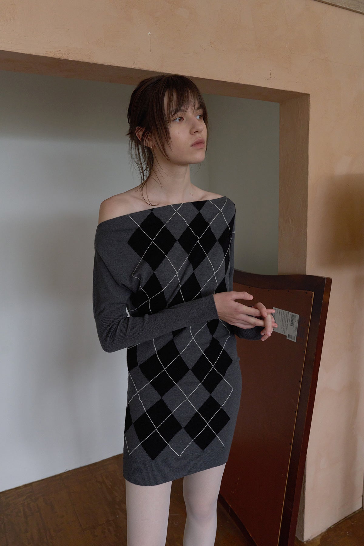 Overdueflair Asymmetric Drape Argyle Knit Till Grey