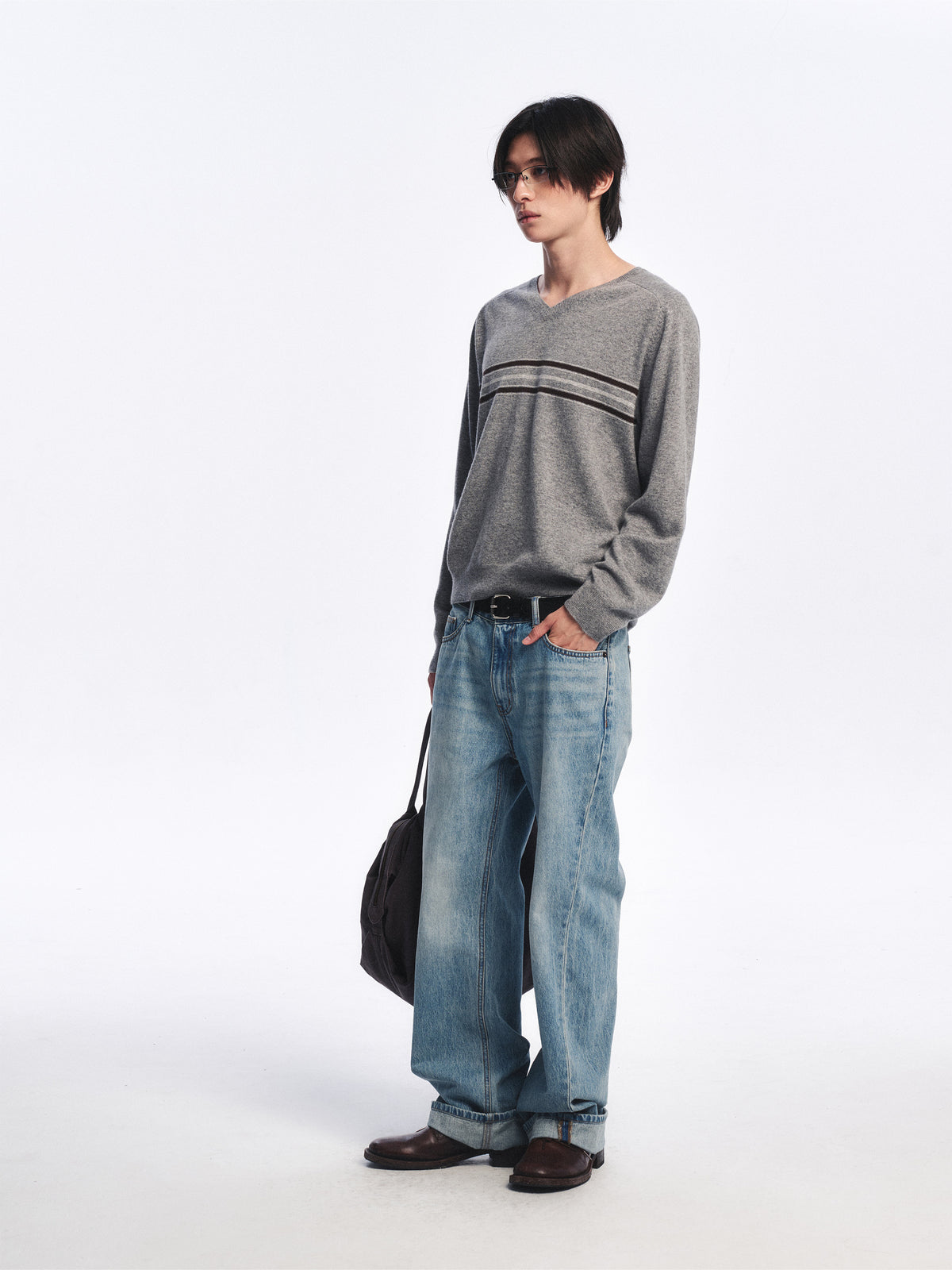 Low Classic Wool Blend Line Sweater Melange Grey