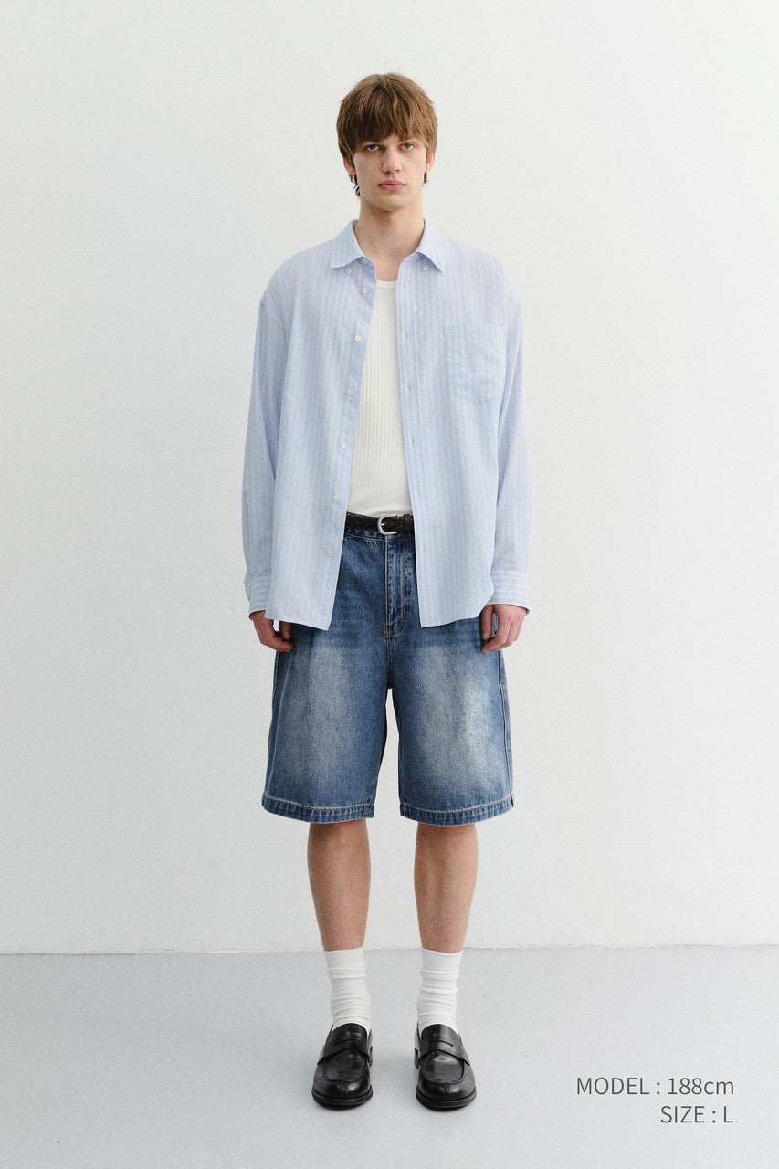 Dunst Pleated Bermuda Denim Shorts Classic Blue