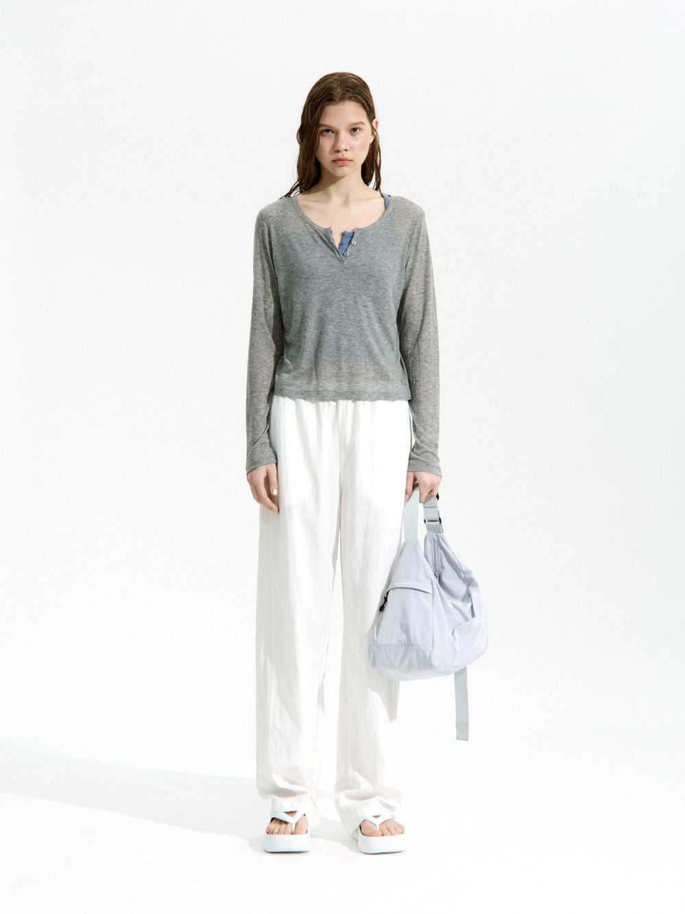 Low Classic See-Through Henry Neck Long Sleeve T-Shirt Melange Grey