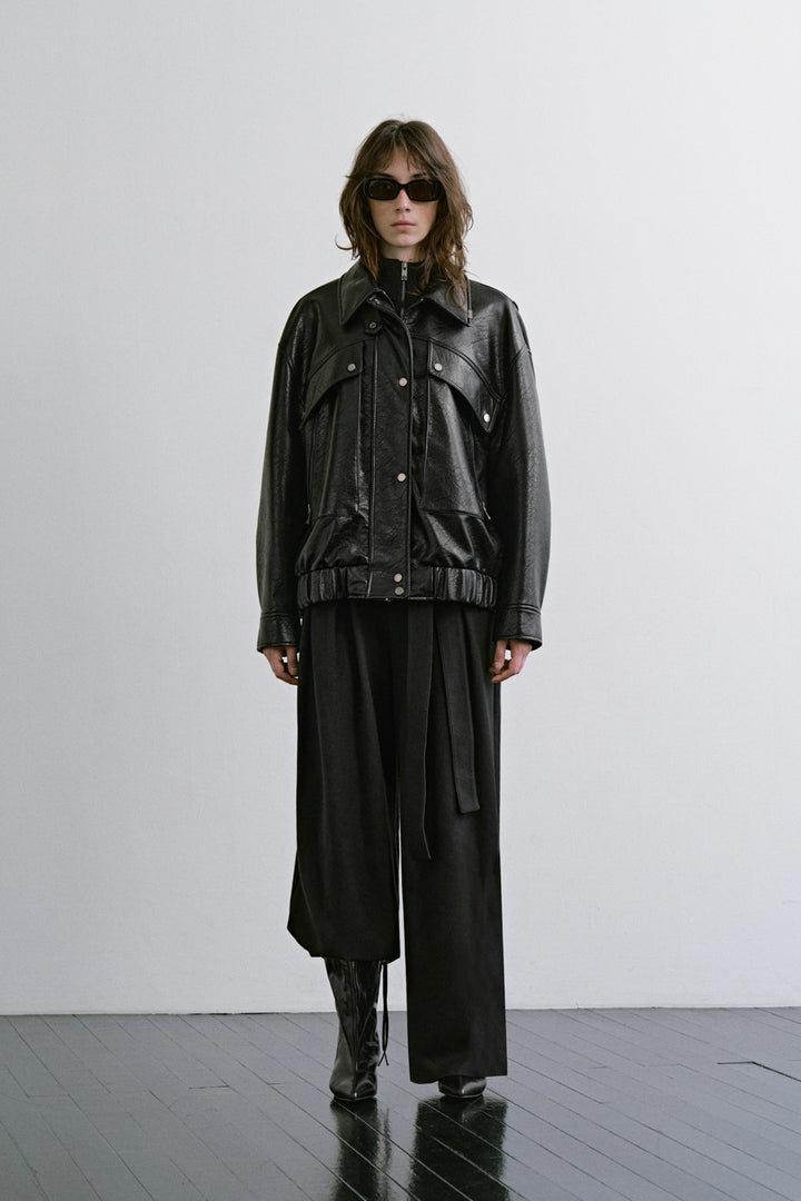 Treemingbird Diagonal Leather Blouson Jumper Black