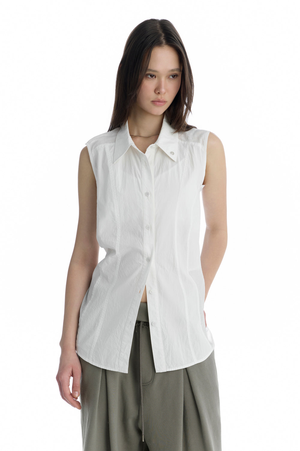Treemingbird Regular-Fit Side Panel Sleeveless Shirt White