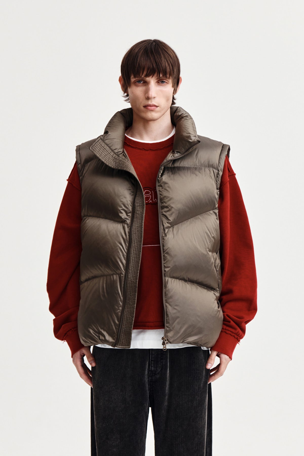 [matinkim] UNBALANCE QUILTED DOWN VEST FOR MEN IN KHAKI BROWN