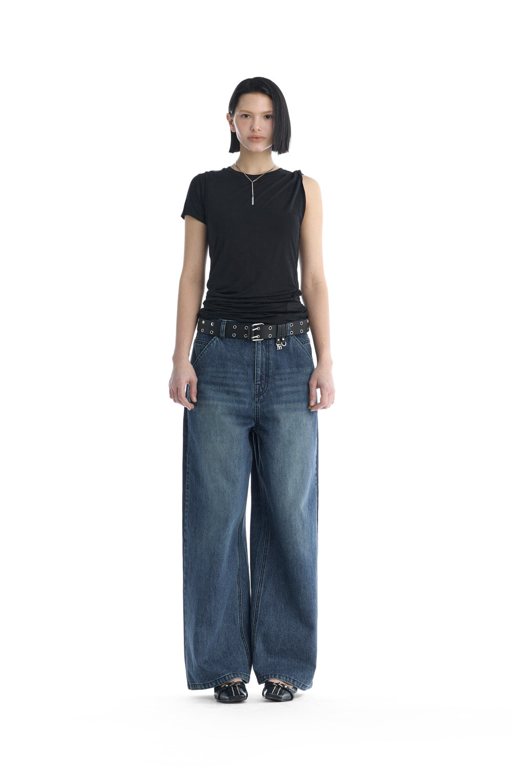 Treemingbird Double-Layer Asymmetric Shoulder T-Shirt Black